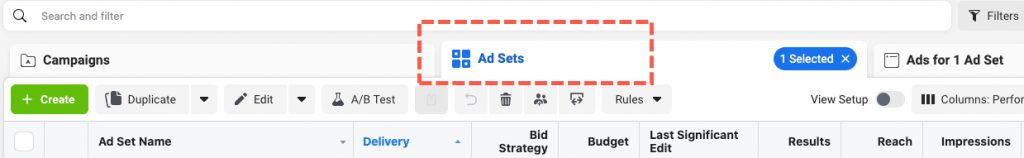 Facebook Ad Set menu