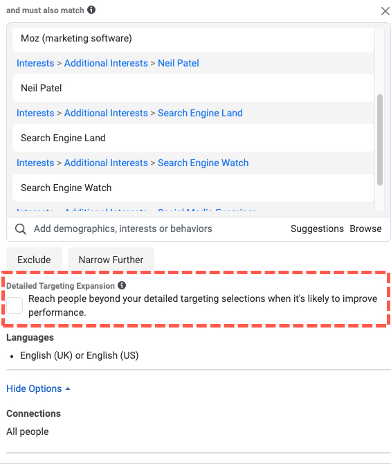 Facebook Ads Detailed Targeting Expansion